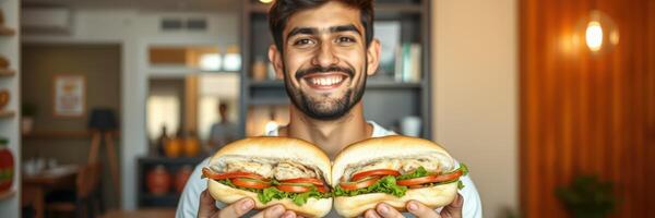 Young man happily showcasing two large sandwiches in a cozy restaurant setting during daylight hours photo
