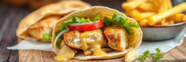 Delicious wrap filled with chicken, fresh vegetables, and cheesy sauce served with crispy fries photo