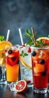 Refreshing summer cocktails with fruits and mint garnishes in an elegant setting photo