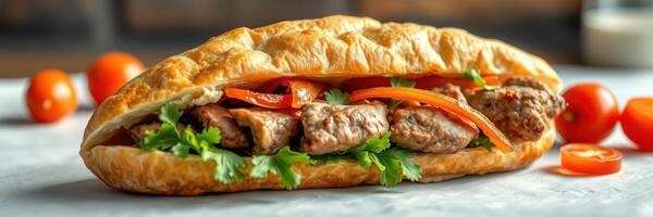 Savory sandwich with grilled meat, fresh vegetables, and herbs served on a crusty bread with cherry tomatoes photo