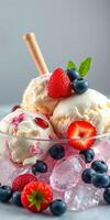 Delicious ice cream dessert with fresh berries and mint served in a glass bowl photo