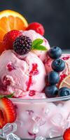Delightful dessert bowl filled with strawberry ice cream, fresh fruits, and mint leaves in a vibrant display photo