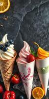 Delicious ice cream cones with fresh fruit toppings displayed on a dark stone background photo