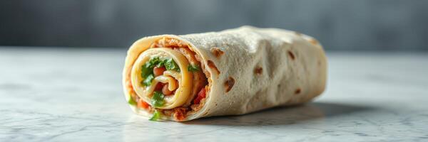 Delicious wrap filled with savory ingredients on a marble surface, perfect for a quick meal anytime photo