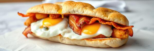 Delicious breakfast sandwich with bacon, eggs, and crispy toppings on a soft roll photo
