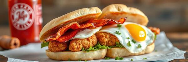 Delicious chicken sandwich with fried egg and bacon served with a cold beverage photo