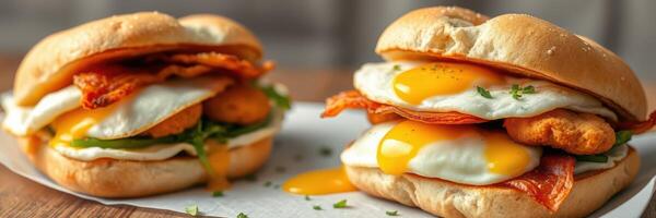 Delicious breakfast sandwiches with eggs, bacon, and fried chicken served on a wooden table photo