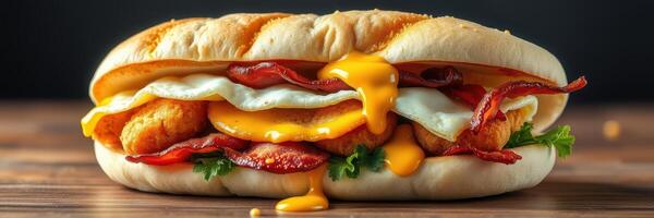 Delicious breakfast sandwich with crispy bacon, eggs, and melted cheese served on a toasted bun photo