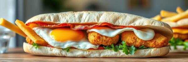 Savory sandwich with egg, fried chicken, bacon, and fries served in a toasted bun at a casual restaurant setting photo