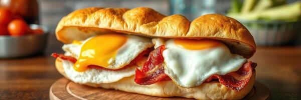 Delicious breakfast sandwich featuring crispy bacon and sunny side up eggs on a toasted bun photo