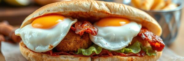 Delicious breakfast sandwich with eggs, bacon, and crispy chicken served with fries at a cozy eatery photo