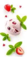 Delicious strawberry mint ice cream served with fresh berries and mint leaves in a vibrant display photo
