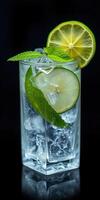 Refreshing citrus drink with mint leaves and ice cubes served in a clear glass photo