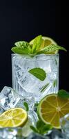Refreshing mint and lime beverage with ice cubes served in a clear glass on a dark background photo