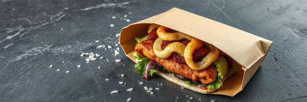 Satisfying grilled chicken sandwich topped with crispy onion rings on black stone surface photo
