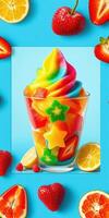 Colorful frozen dessert with fruity toppings on a bright blue background photo