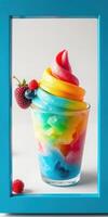Colorful layered dessert with soft serve and fresh berries served in a glass container in a bright blue frame photo