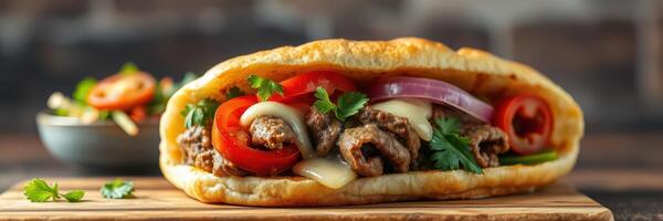 Delicious sandwich with seasoned beef, fresh vegetables, and melted cheese served on rustic wooden board photo