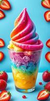 Colorful layered frozen dessert topped with vibrant swirl and fresh strawberries on a bright blue background photo