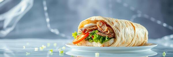 Delicious wrap filled with fresh vegetables and grilled meat served on a white plate photo