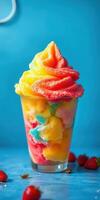 Colorful shaved ice dessert topped with vibrant flavors in clear cup against bright background photo