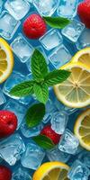 Fresh raspberry and lemon slices on ice with mint leaves creating a vibrant summer drink composition photo
