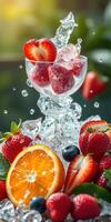 Fresh fruit cocktail made with strawberries, raspberries and oranges served with ice photo