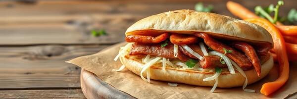 Delicious sandwich filled with marinated meat and fresh vegetables on a wooden table photo