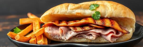 Delicious sandwich with grilled chicken and ham served with crispy fries on a black plate photo