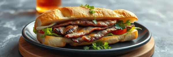 Delicious grilled meat sandwich served on a black plate with fresh ingredients and a cold beverage nearby photo