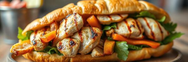 Grilled chicken sandwich overflowing with fresh vegetables in a soft croissant photo