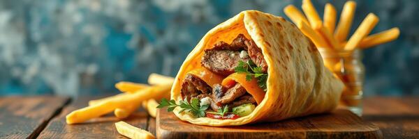 Savory wrap filled with grilled meat and fresh vegetables served with crispy fries at a cozy eatery photo