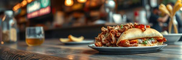 Delicious sandwich served with a side of beer in a cozy restaurant setting photo