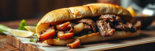 Delicious sandwich filled with grilled meat and fresh vegetables on a wooden board in a cozy setting photo