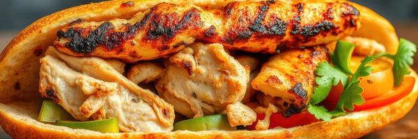 Grilled chicken sandwich with fresh vegetables served on a toasted bun photo