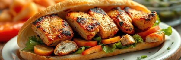 Delicious grilled chicken sandwich with fresh vegetables and crispy toppings served on a rustic plate photo