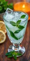 Refreshing mint lemonade served in a glass with fresh ingredients on a wooden table during a warm afternoon photo