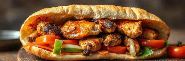 Savory chicken sandwich loaded with fresh vegetables and served on a soft bread roll photo