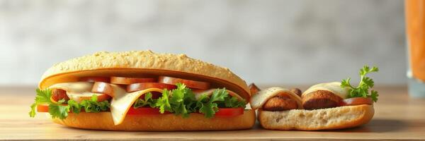 Freshly made sandwich with vegetables and side of chicken bites on wooden table photo
