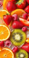 Colorful fruit arrangement with ice highlighting fresh strawberries, kiwi, raspberries, and citrus slices in a vibrant display photo