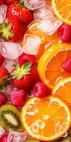 Vibrant mix of fresh fruits with ice creating a refreshing summer delight in a colorful arrangement photo