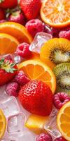Refreshing fruit assortment with strawberries, oranges, kiwi, and raspberries on ice photo