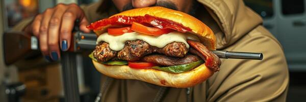 Man enjoys a large sandwich filled with grilled meat, vegetables, and sauce in urban setting during evening hours photo