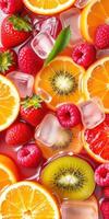 Bright and colorful assortment of fresh fruits and ice cubes on a vibrant background photo