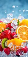 Fresh fruit assortment with ice cubes creates a vibrant and refreshing summer look on a bright background photo