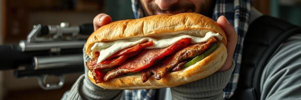 Delicious sandwich held by a person in casual attire near a black weapon in a cozy indoor setting photo