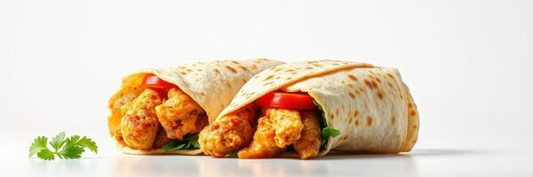Delicious wraps filled with seasoned chicken and fresh vegetables on a white background photo