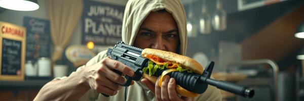Man holds a sandwich and gun in a playful yet intense restaurant setting photo