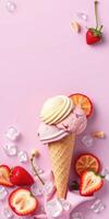 Colorful ice cream cone with strawberry and vanilla scoops surrounded by fresh strawberries on a pink background photo