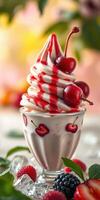 Delicious swirled ice cream topped with cherries served in a decorative glass dish photo